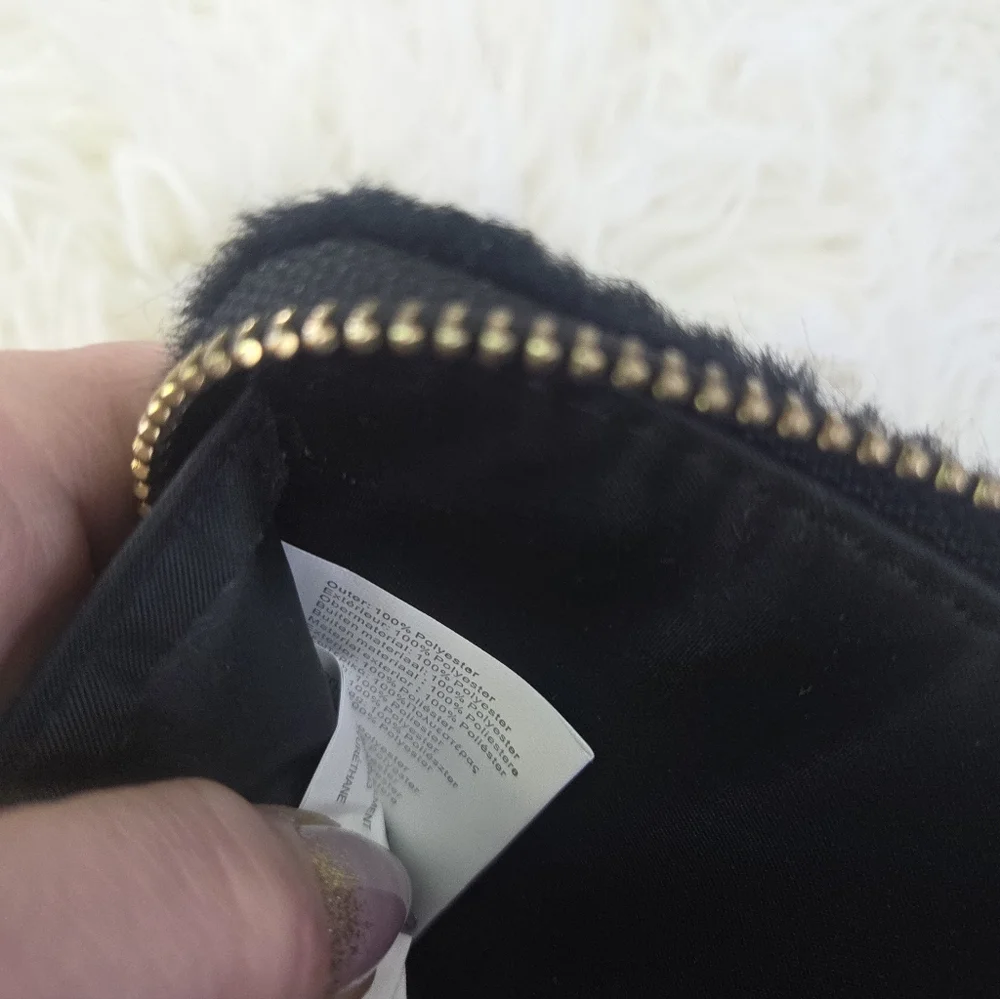 Claire's Black Gold Square Zip Around Elegant Faux Fur Wallet Clutch Purse